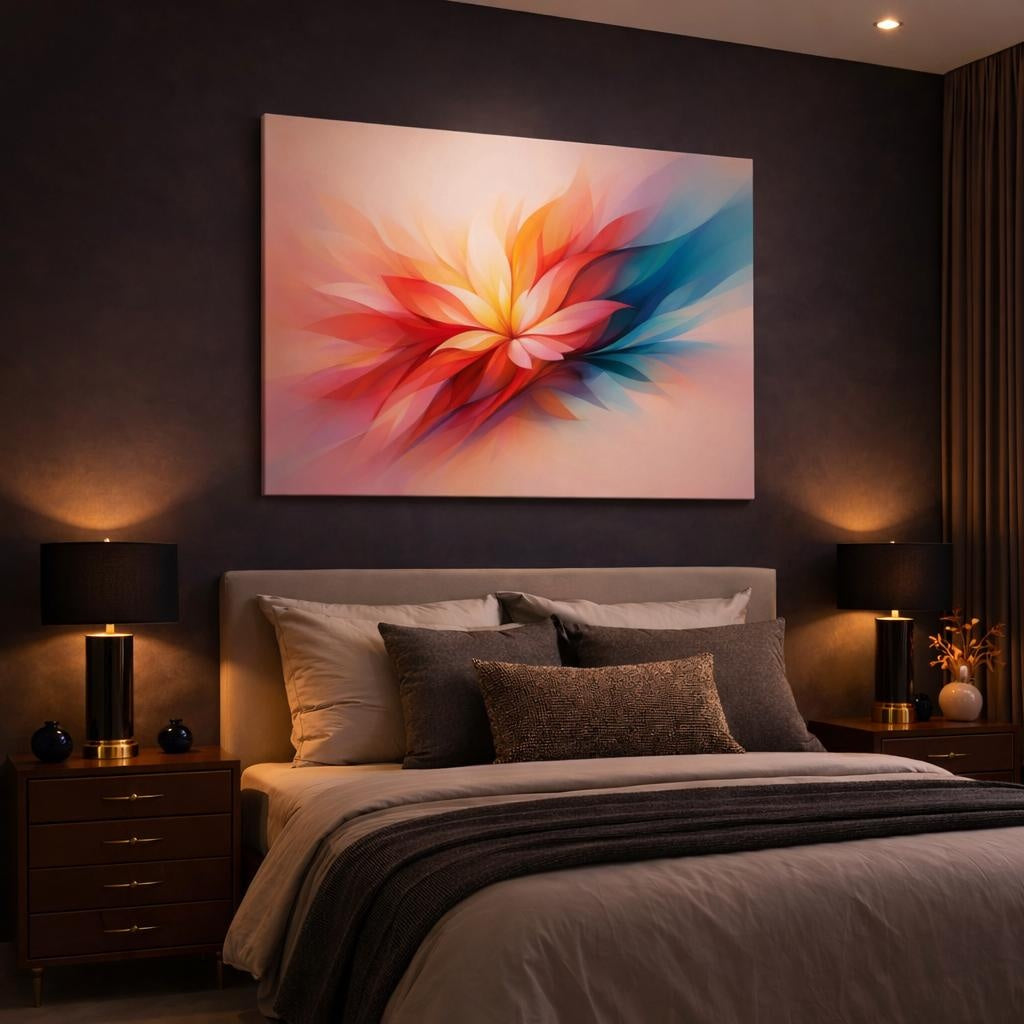 Floral Fluid Abstract shown as canvas wall art in a luxury bedroom