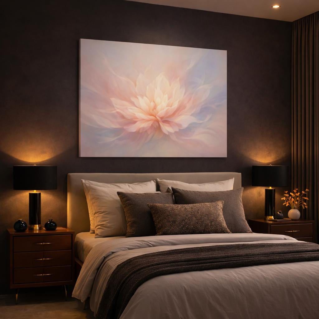 Floral Fluid Abstract shown as canvas wall art in a luxury bedroom