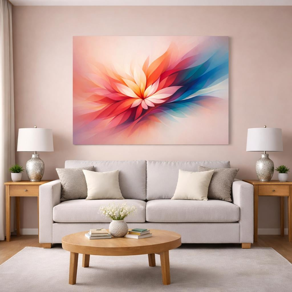 Floral Fluid Abstract shown as canvas wall art in a modern living room