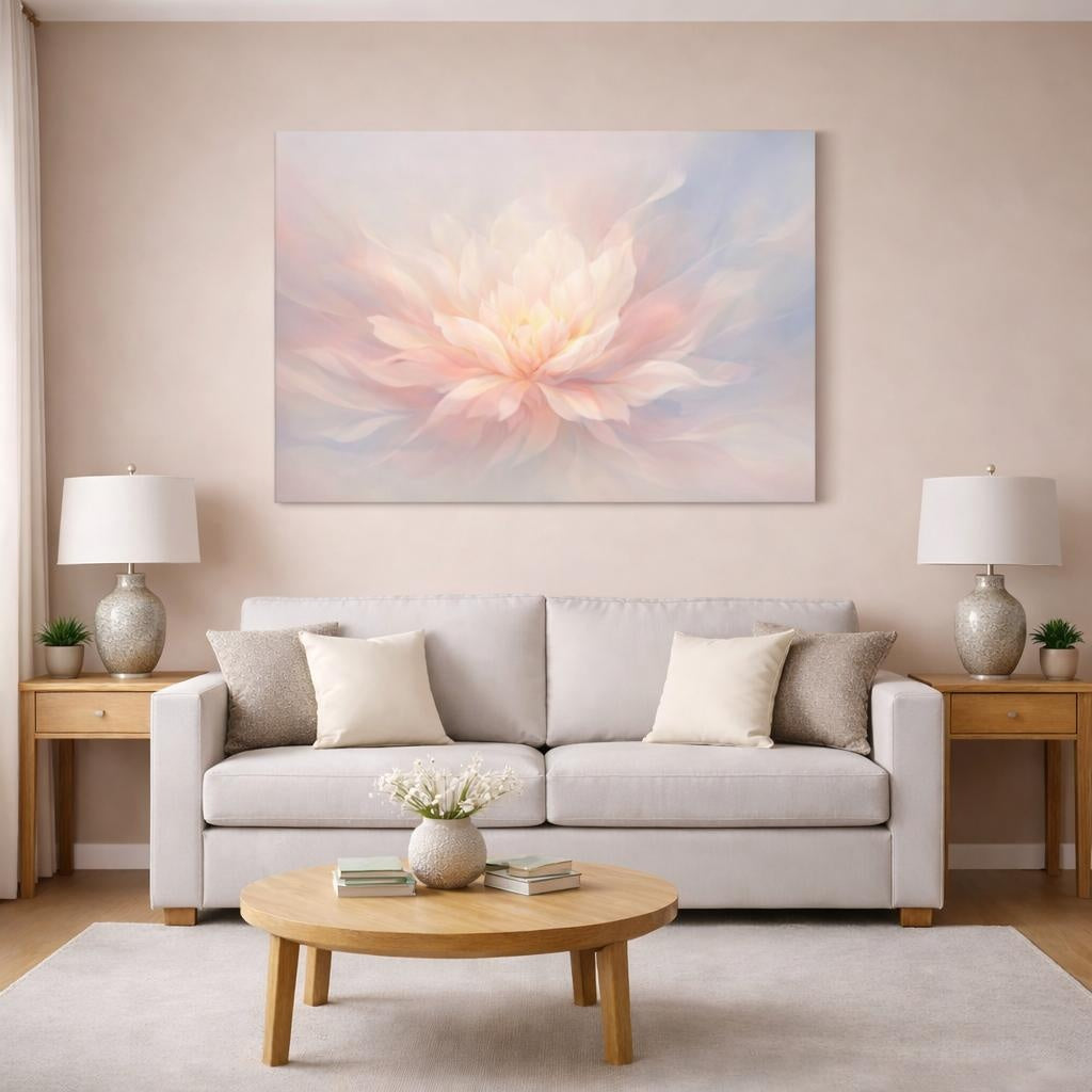 Floral Fluid Abstract shown as canvas wall art in a modern living room