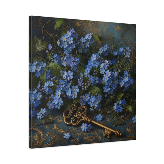 Main Mockup. Floral Forget-Me-Nots Blue And Gold shown as stretched canvas wall art
