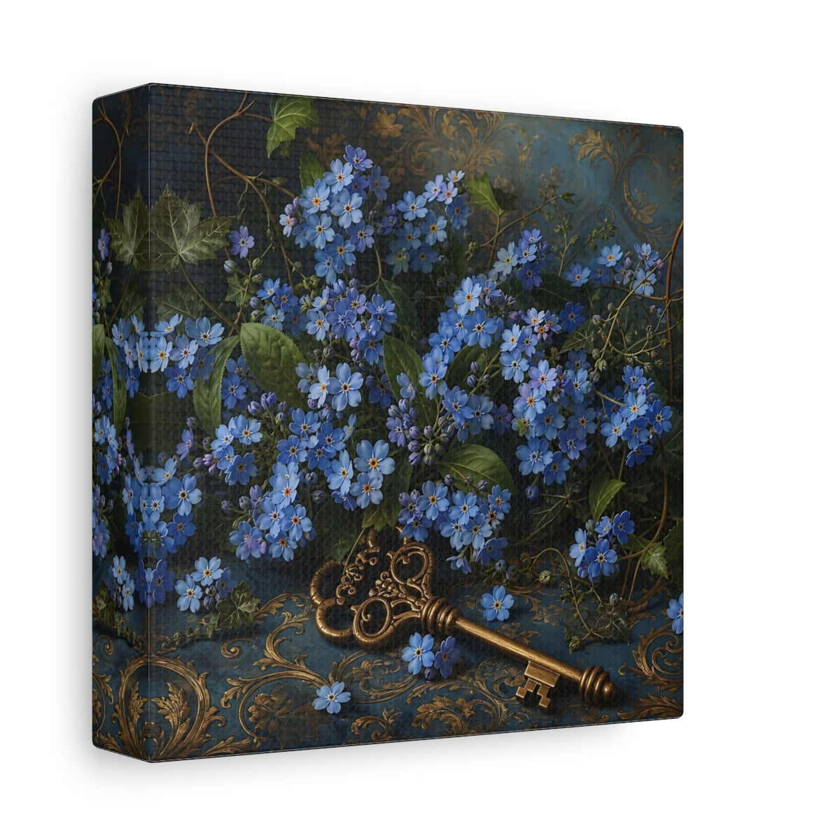 Side Mockup 2. Floral Forget-Me-Nots Blue And Gold shown as stretched canvas wall art
