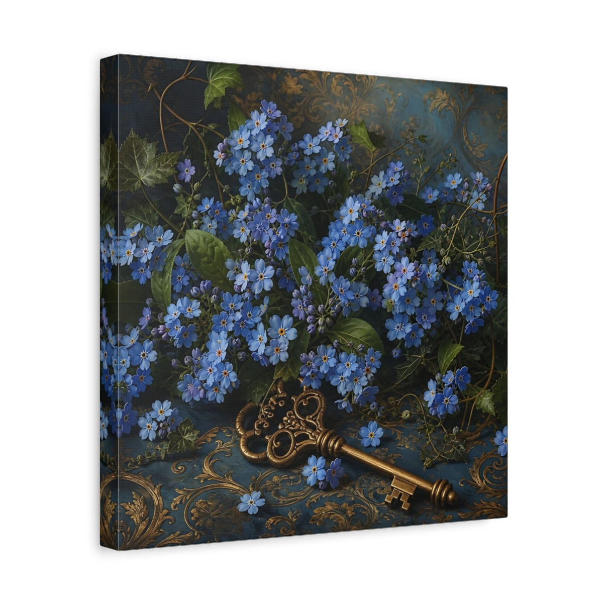 Side Mockup 7. Floral Forget-Me-Nots Blue And Gold shown as stretched canvas wall art