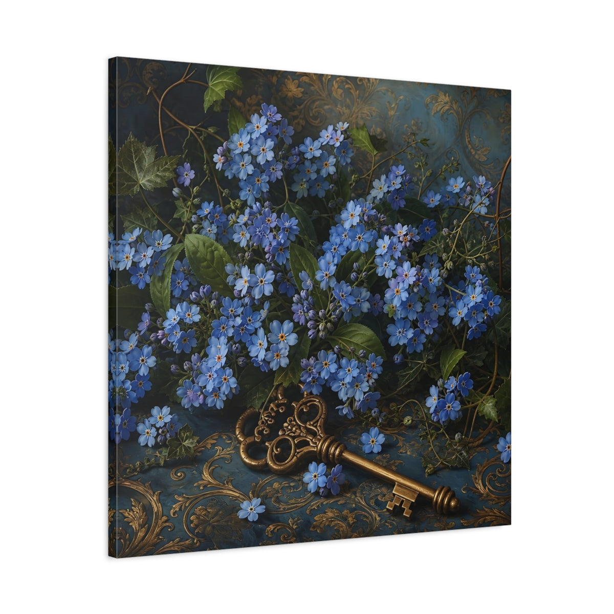 Side Mockup 3. Floral Forget-Me-Nots Blue And Gold shown as stretched canvas wall art