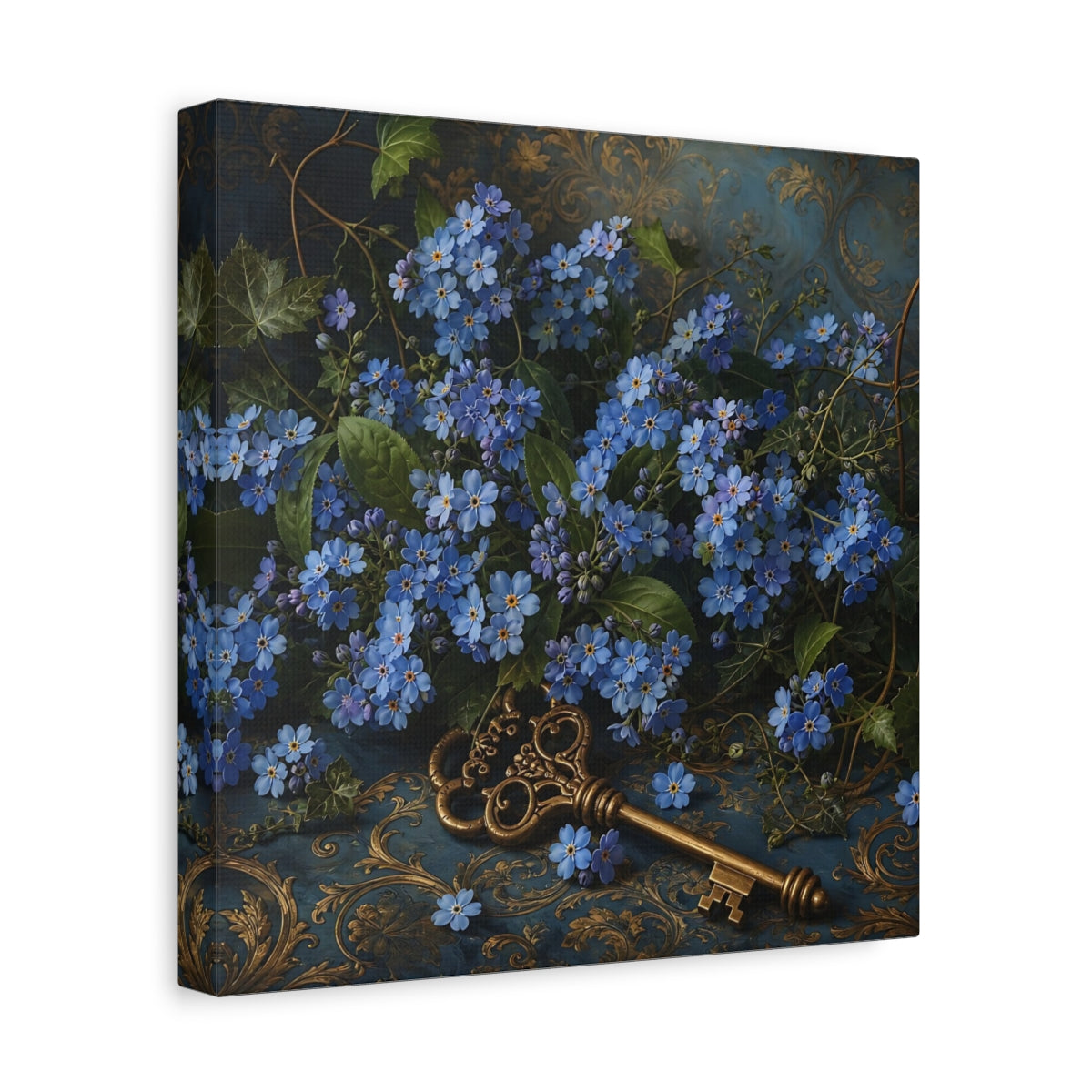 Side Mockup 8. Floral Forget-Me-Nots Blue And Gold shown as stretched canvas wall art