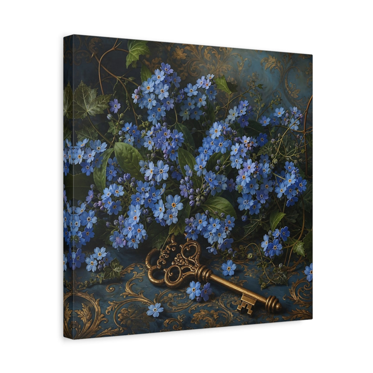 Side Mockup 6. Floral Forget-Me-Nots Blue And Gold shown as stretched canvas wall art