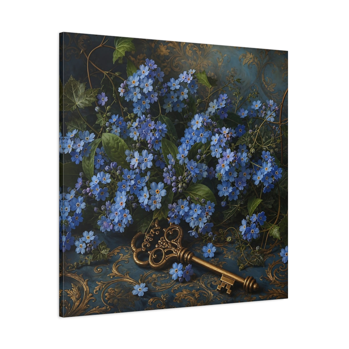 Side Mockup 1. Floral Forget-Me-Nots Blue And Gold shown as stretched canvas wall art