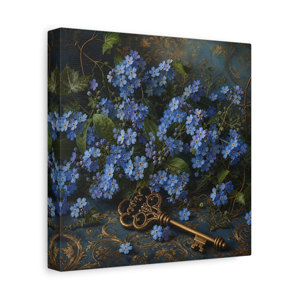 Side Mockup 9. Floral Forget-Me-Nots Blue And Gold shown as stretched canvas wall art
