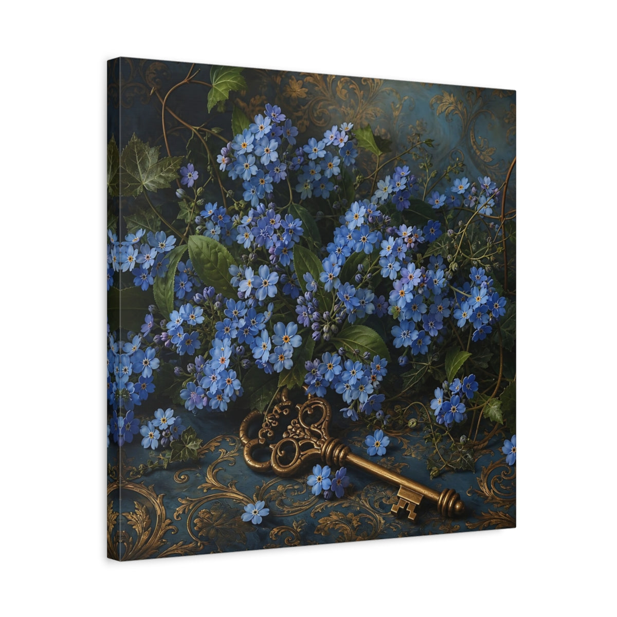 Side Mockup 5. Floral Forget-Me-Nots Blue And Gold shown as stretched canvas wall art