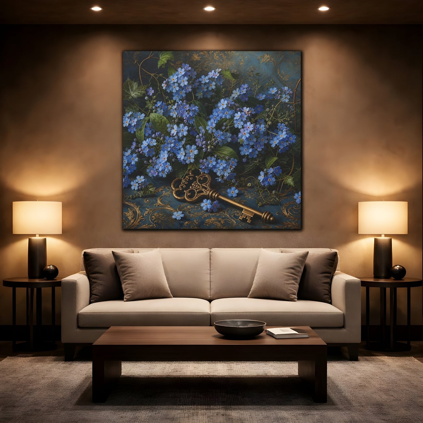 Mockup 2. Floral Forget-Me-Nots Blue And Gold shown as stretched canvas wall art