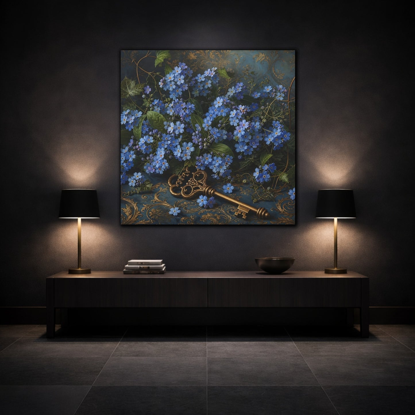 Mockup 3. Floral Forget-Me-Nots Blue And Gold shown as stretched canvas wall art