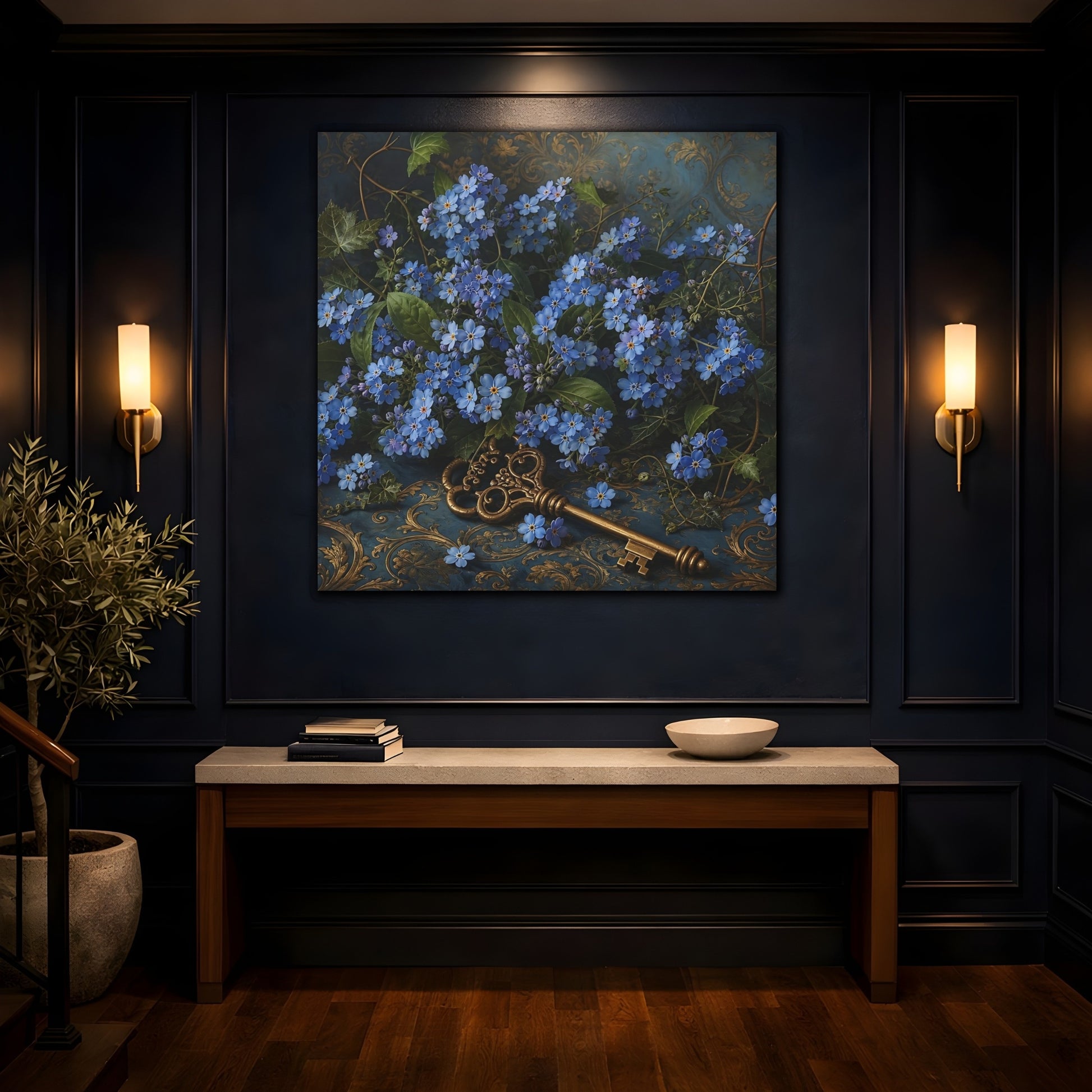 Mockup 4. Floral Forget-Me-Nots Blue And Gold shown as stretched canvas wall art