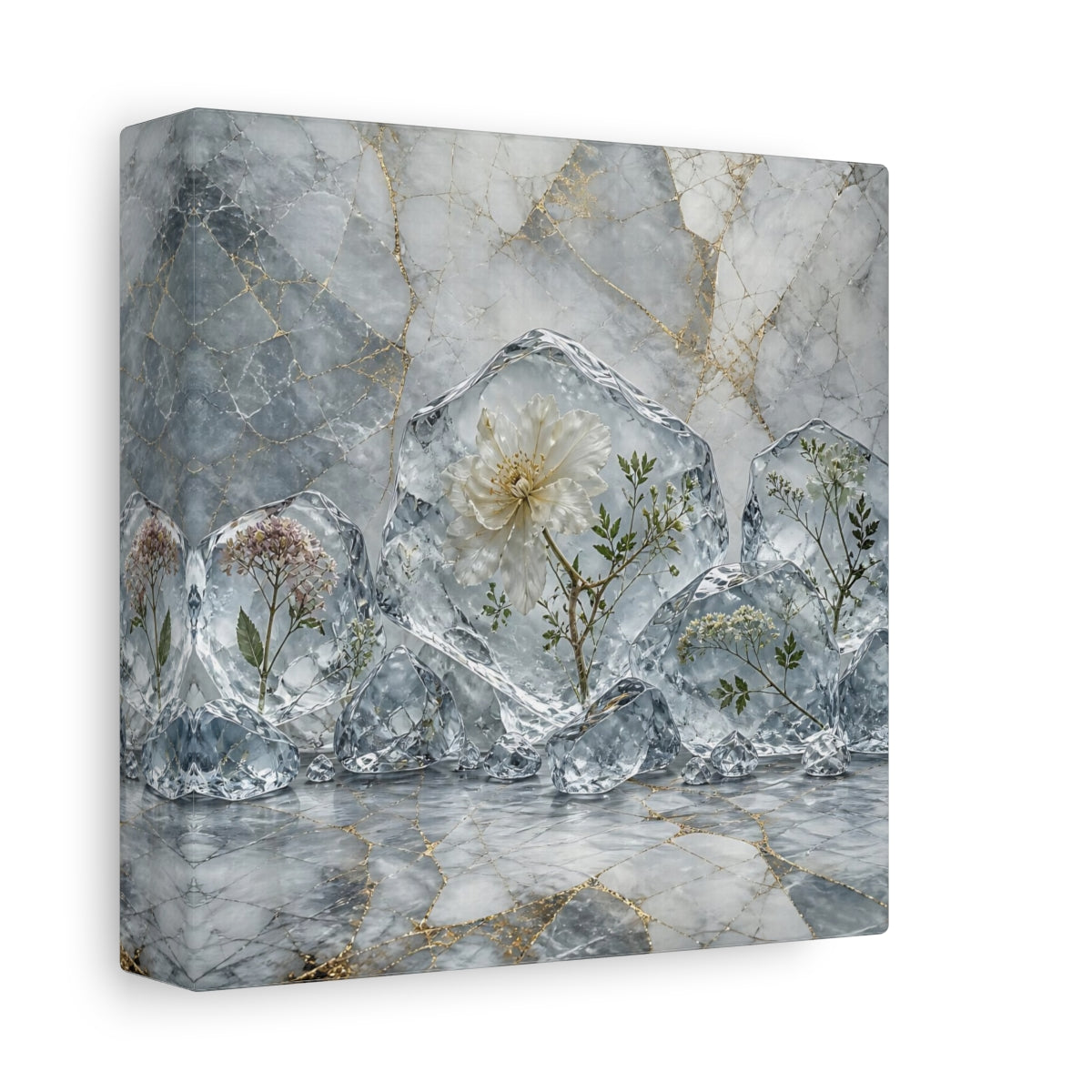 Side Mockup 2. Floral Frozen Flowers Grey Gold Flowers shown as stretched canvas wall art