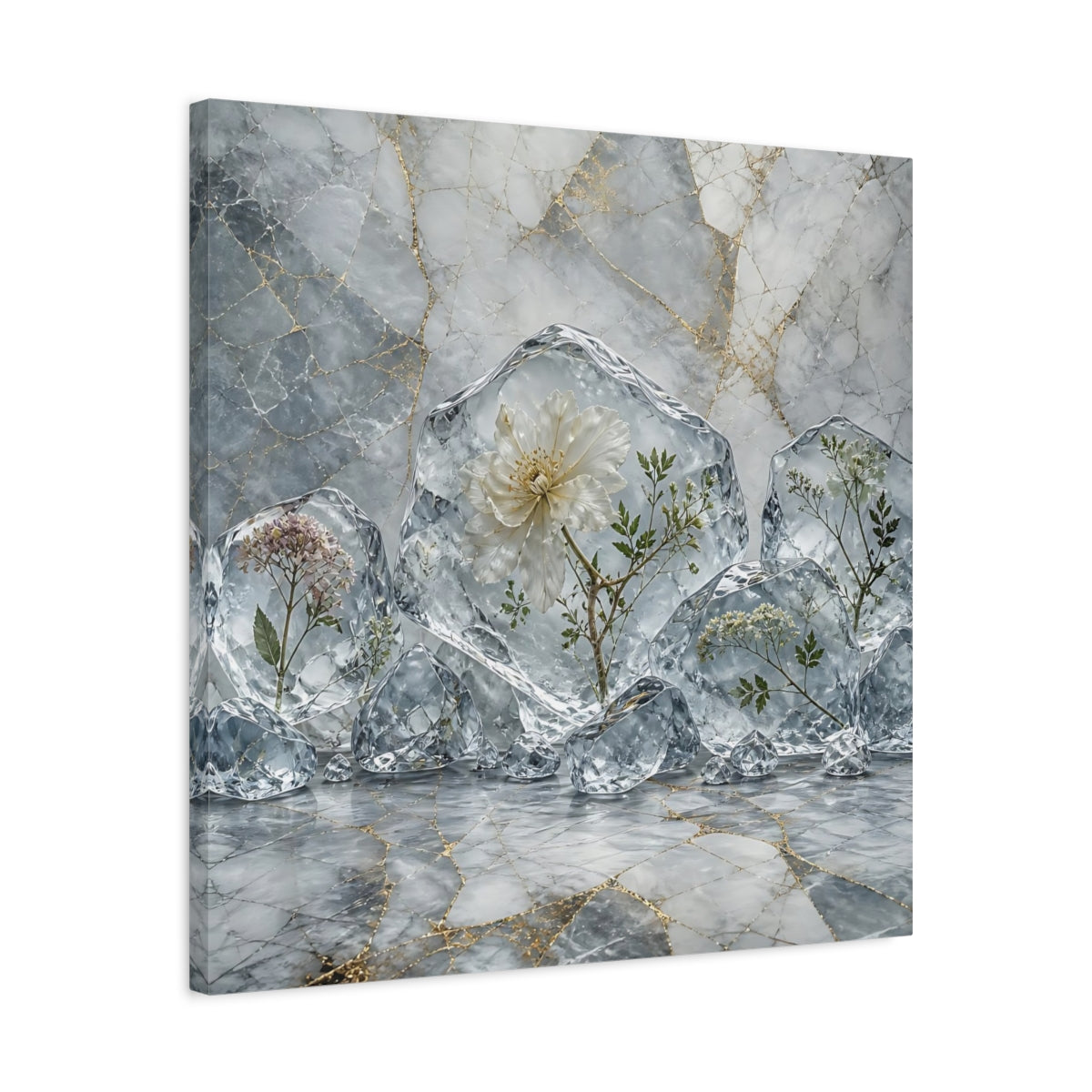 Side Mockup 4. Floral Frozen Flowers Grey Gold Flowers shown as stretched canvas wall art