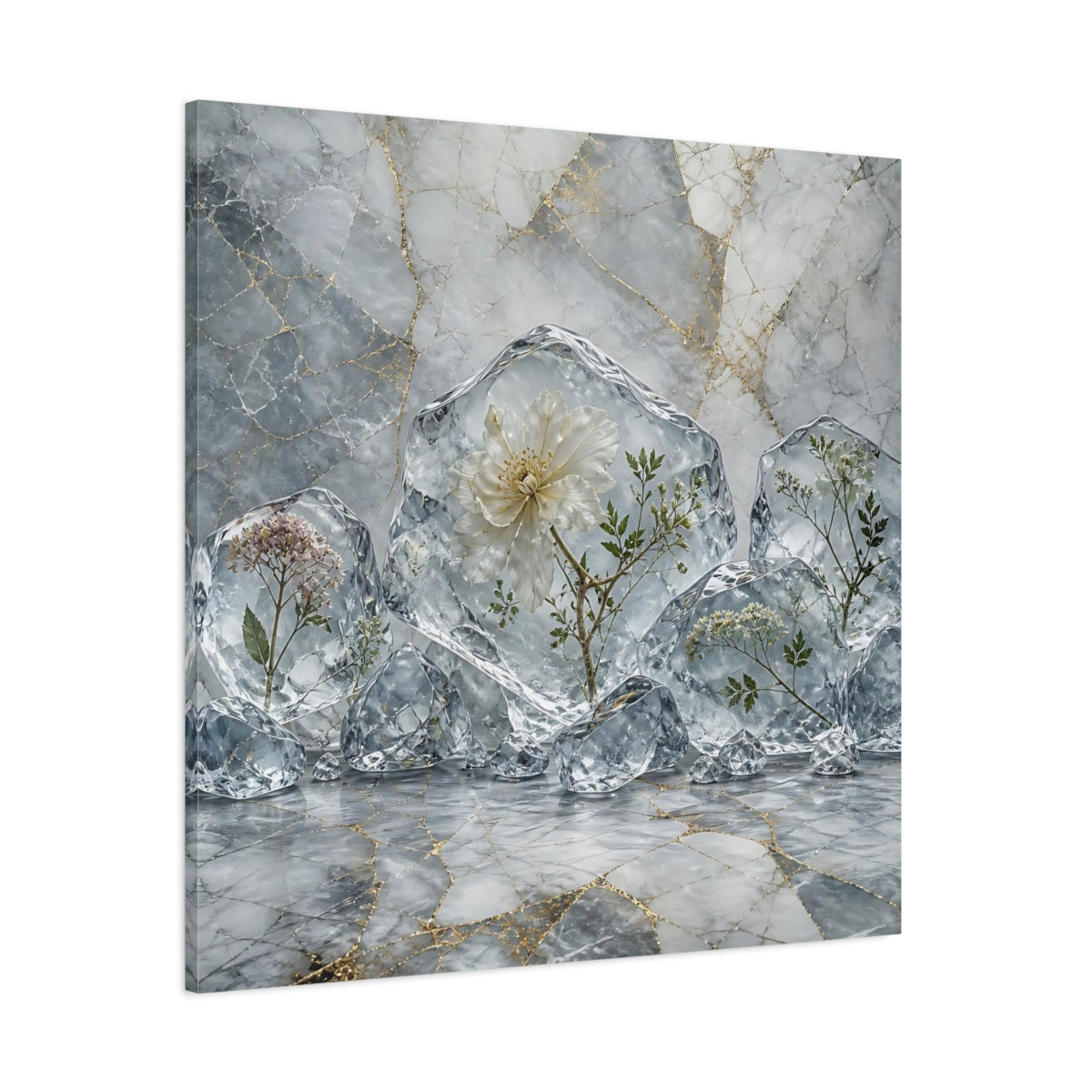 Side Mockup 1. Floral Frozen Flowers Grey Gold Flowers shown as stretched canvas wall art