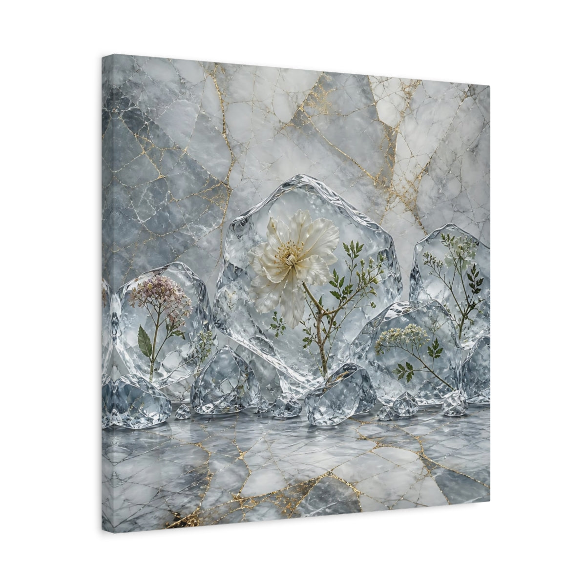 Side Mockup 5. Floral Frozen Flowers Grey Gold Flowers shown as stretched canvas wall art