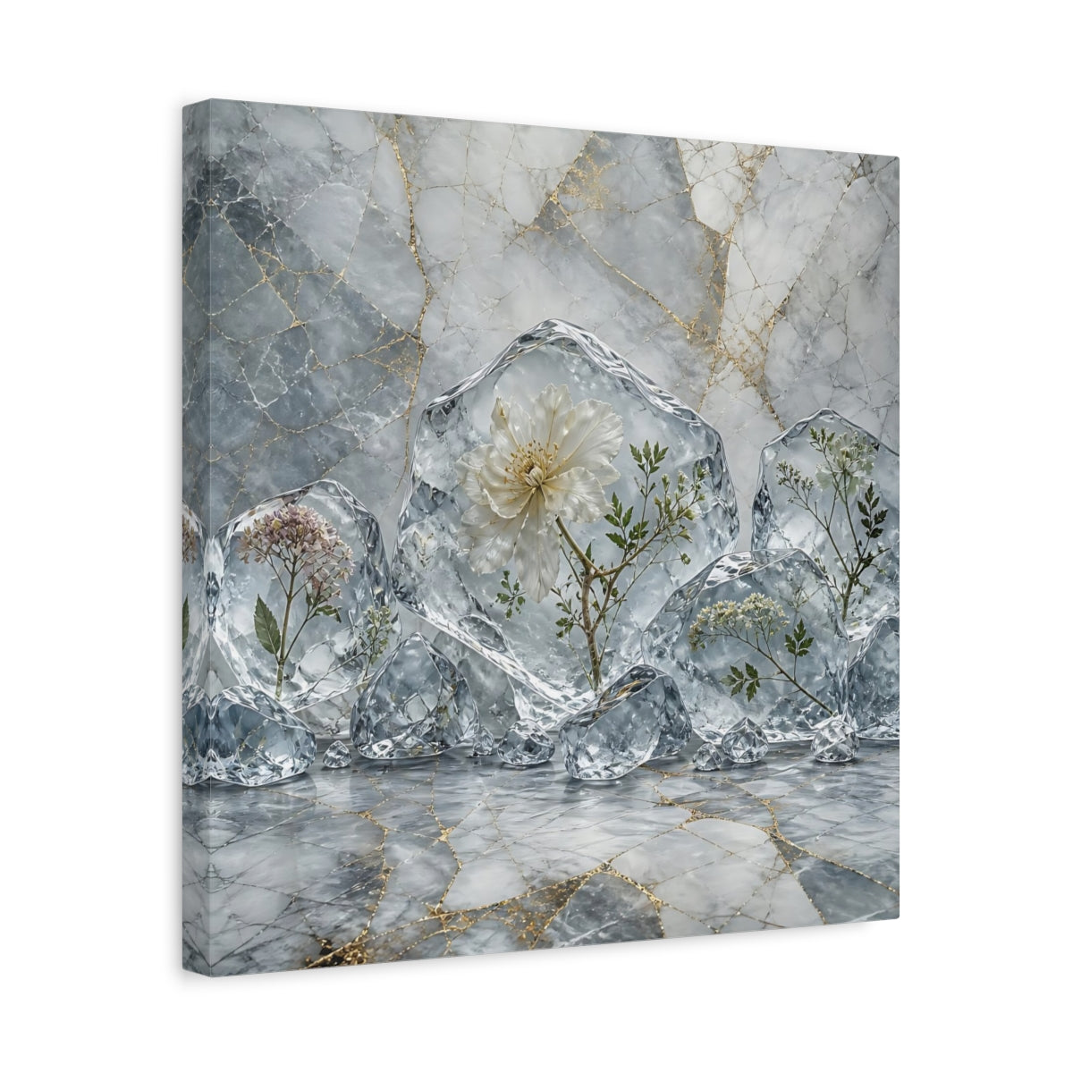 Side Mockup 6. Floral Frozen Flowers Grey Gold Flowers shown as stretched canvas wall art