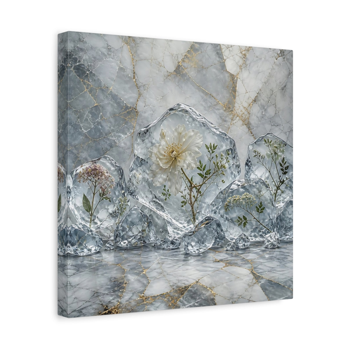 Side Mockup 7. Floral Frozen Flowers Grey Gold Flowers shown as stretched canvas wall art