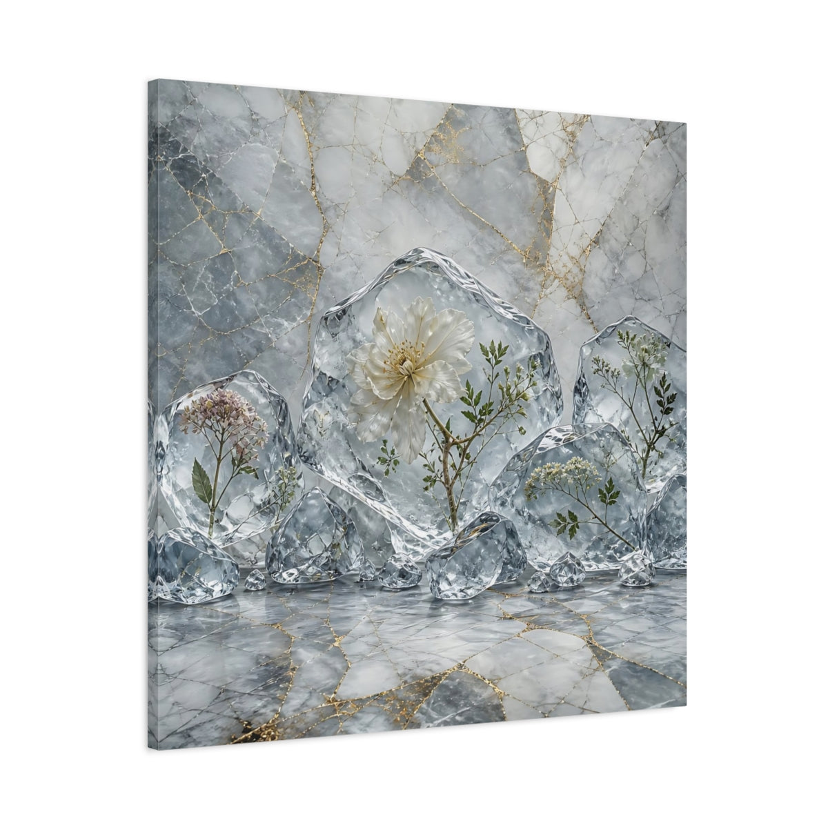 Main Mockup. Floral Frozen Flowers Grey Gold Flowers shown as stretched canvas wall art