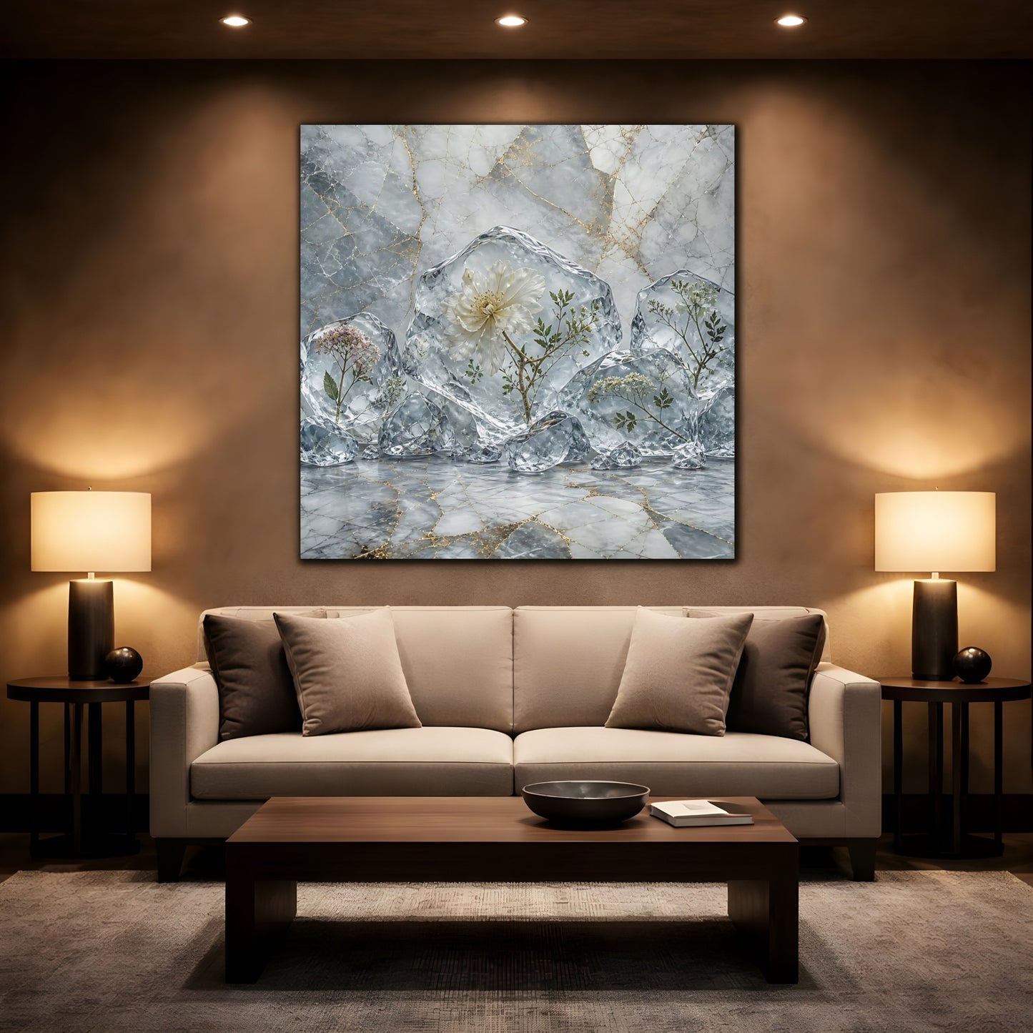 Mockup 2. Floral Frozen Flowers Grey Gold Flowers shown as stretched canvas wall art