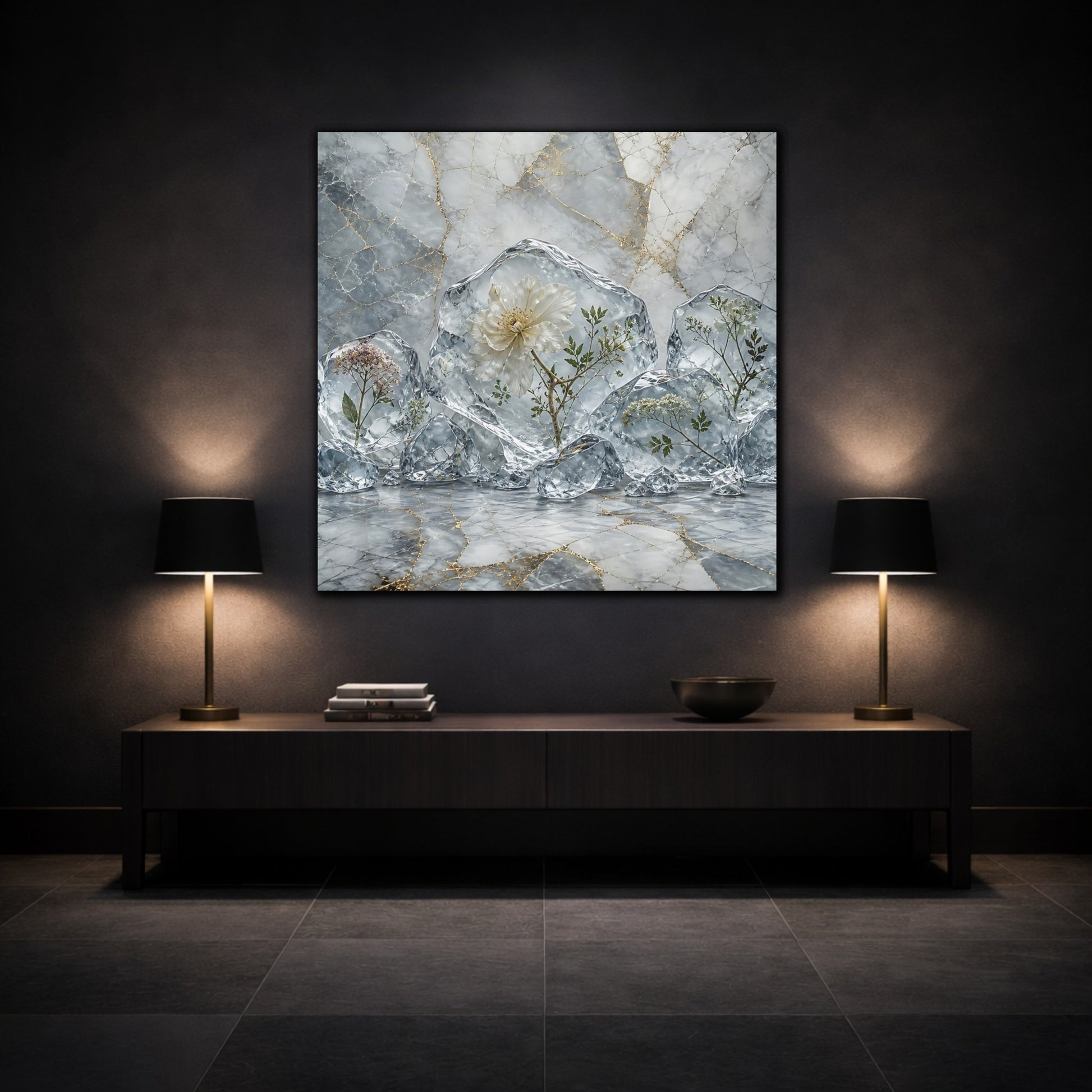 Mockup 3. Floral Frozen Flowers Grey Gold Flowers shown as stretched canvas wall art
