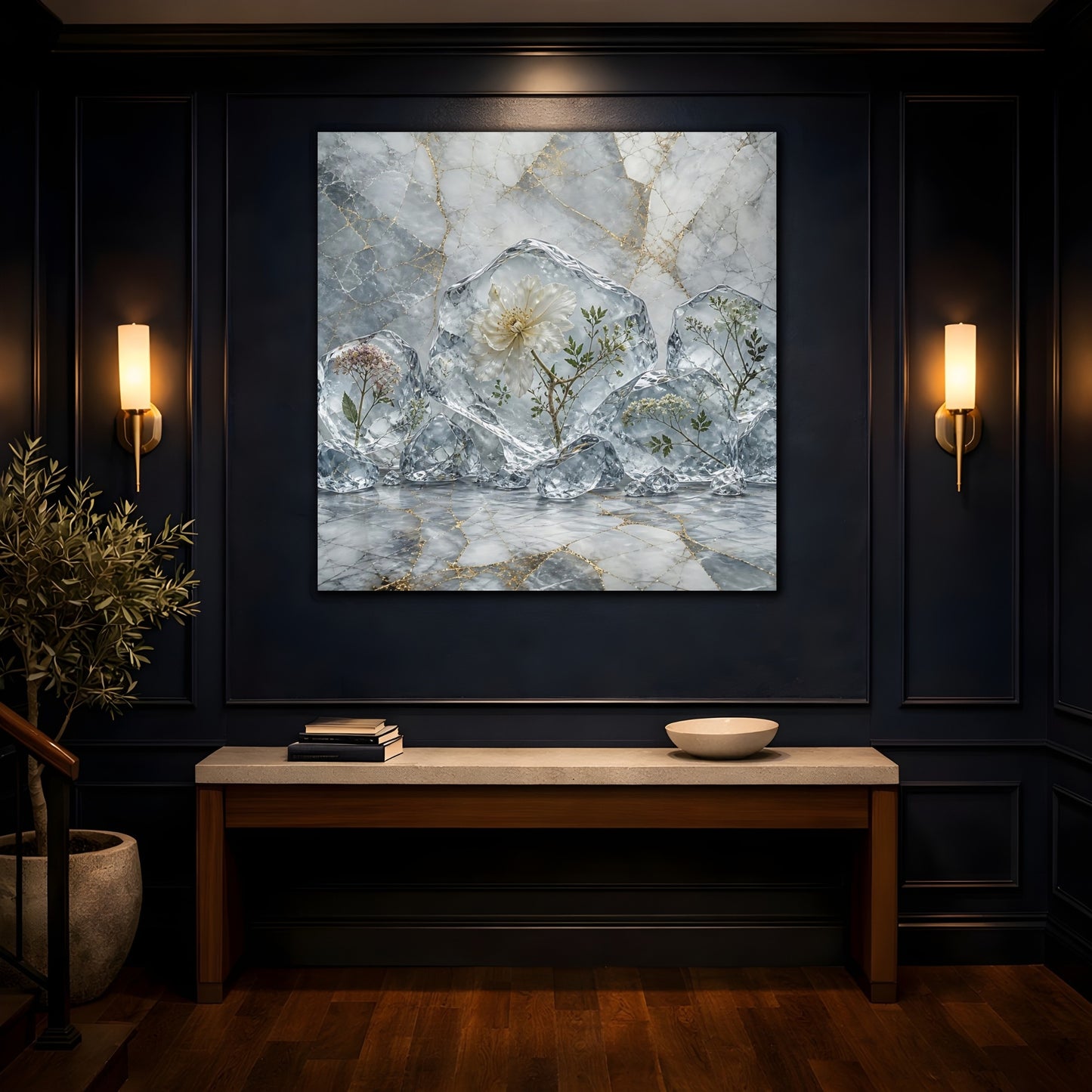 Mockup 4. Floral Frozen Flowers Grey Gold Flowers shown as stretched canvas wall art