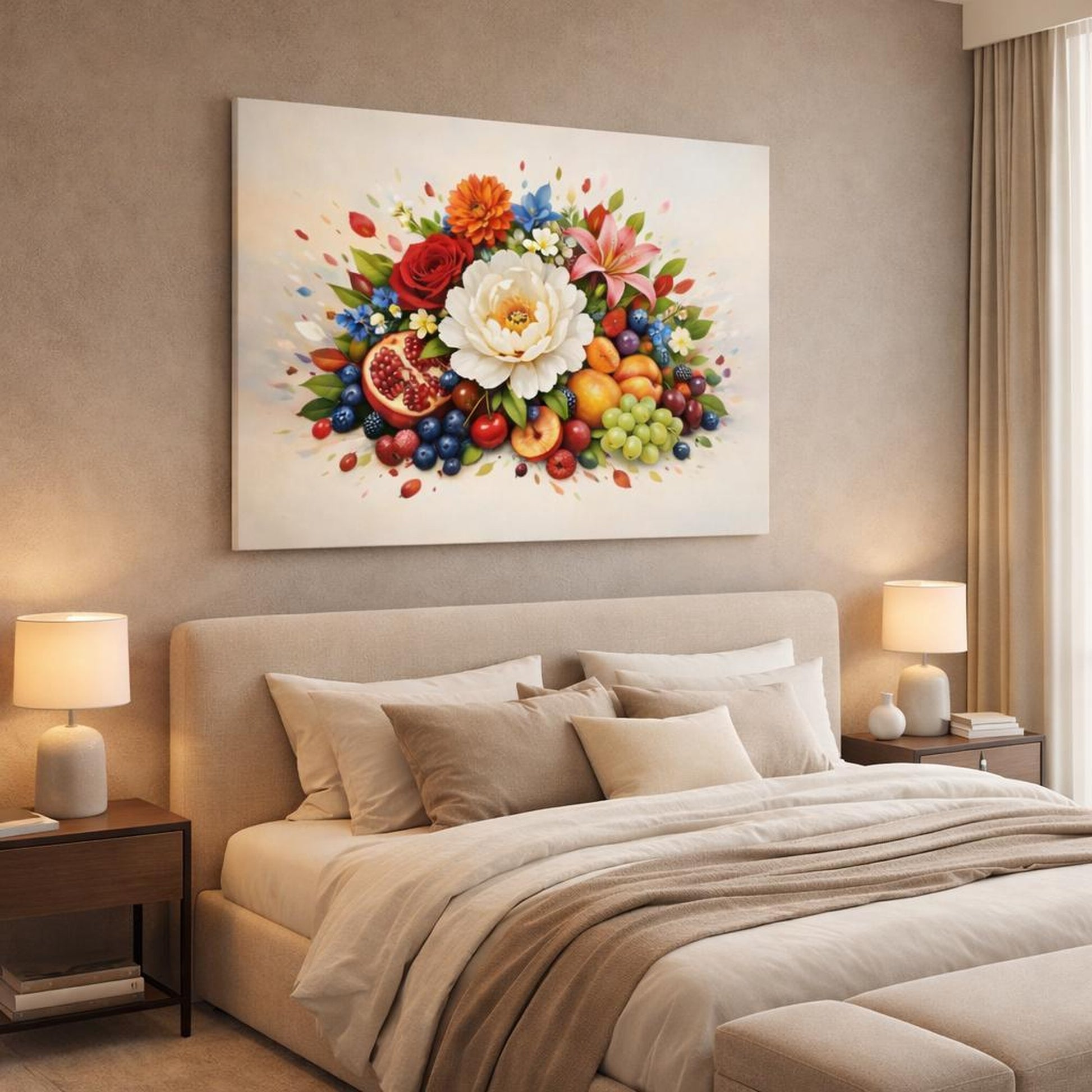 Floral Fruit shown as canvas wall art in a luxury bedroom