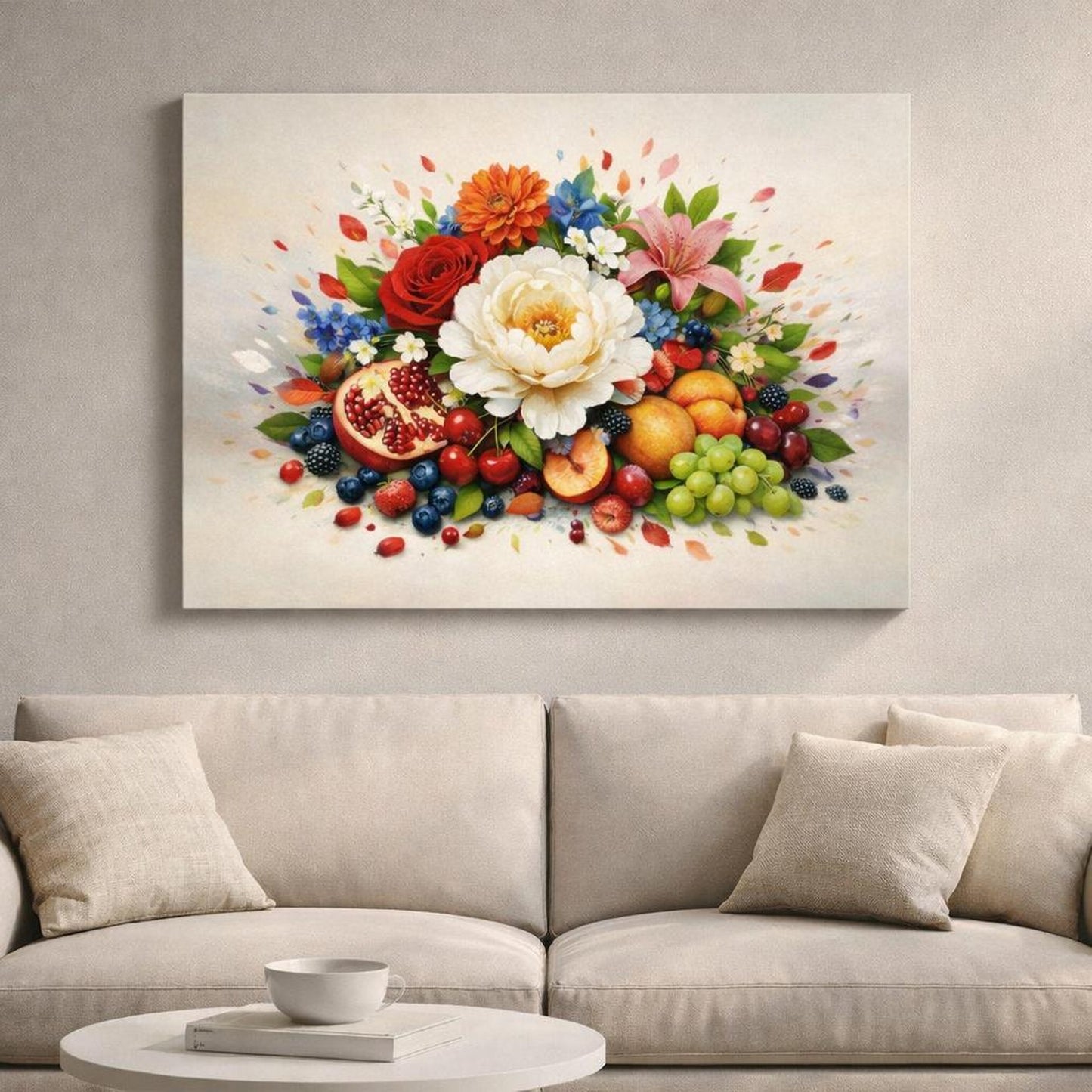 Floral Fruit shown as canvas wall art in a refined dining room