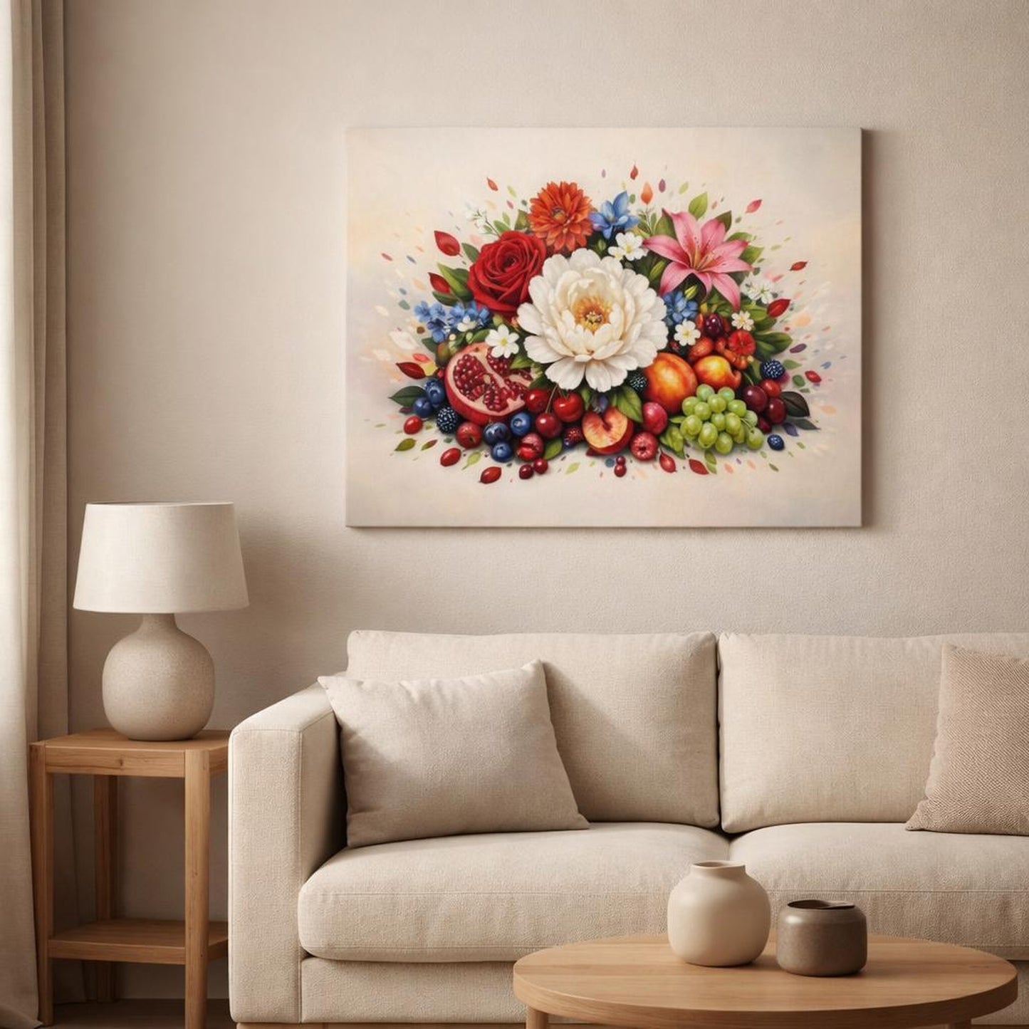 Floral Fruit shown as canvas wall art in a modern living room
