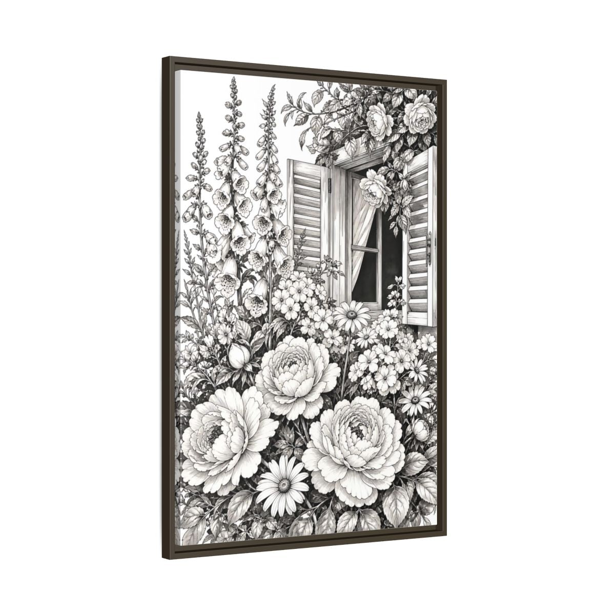 Main Mockup. Floral Garden Flowers Monochrome Floral Window shown as framed canvas print