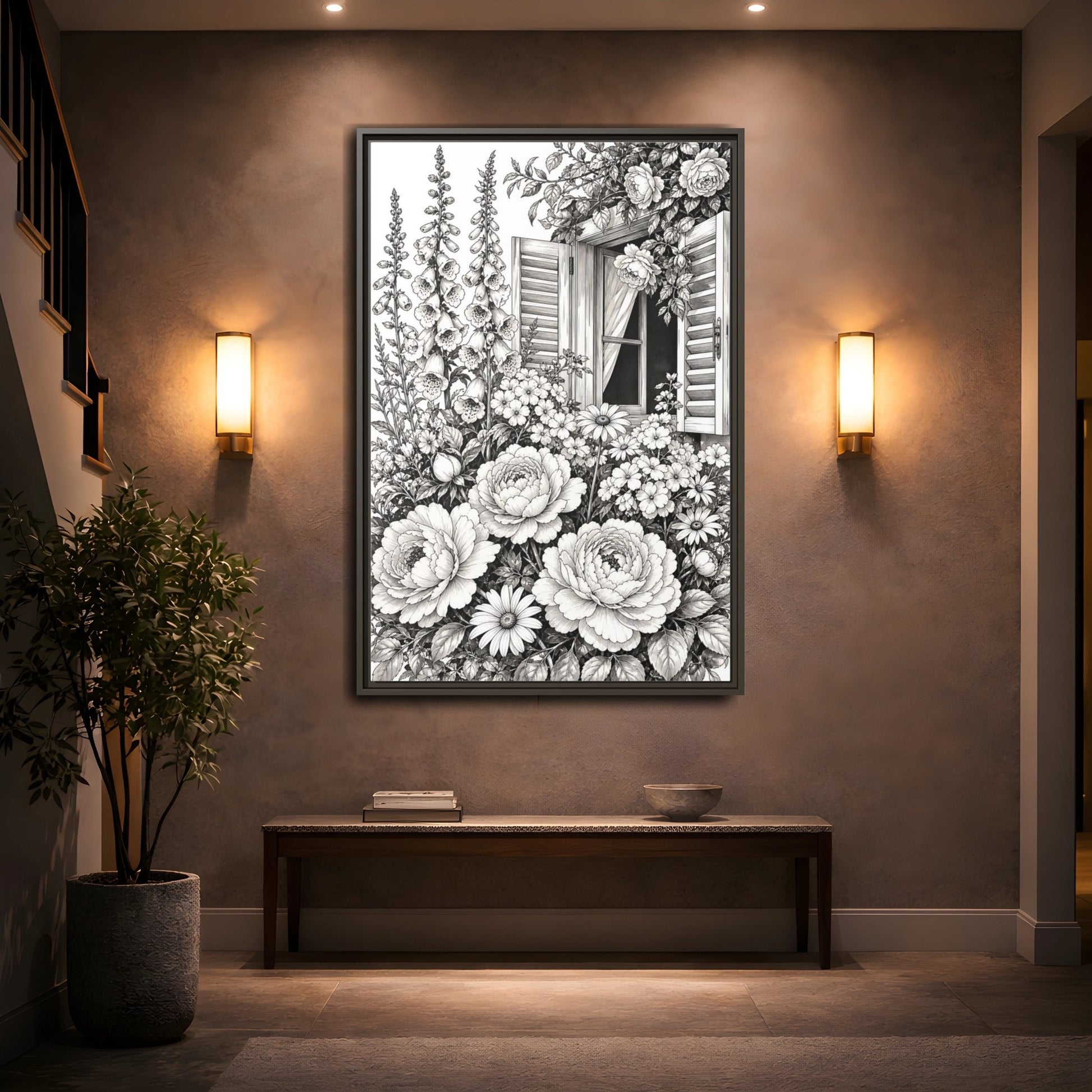 Mockup 2. Floral Garden Flowers Monochrome Floral Window shown as framed canvas print