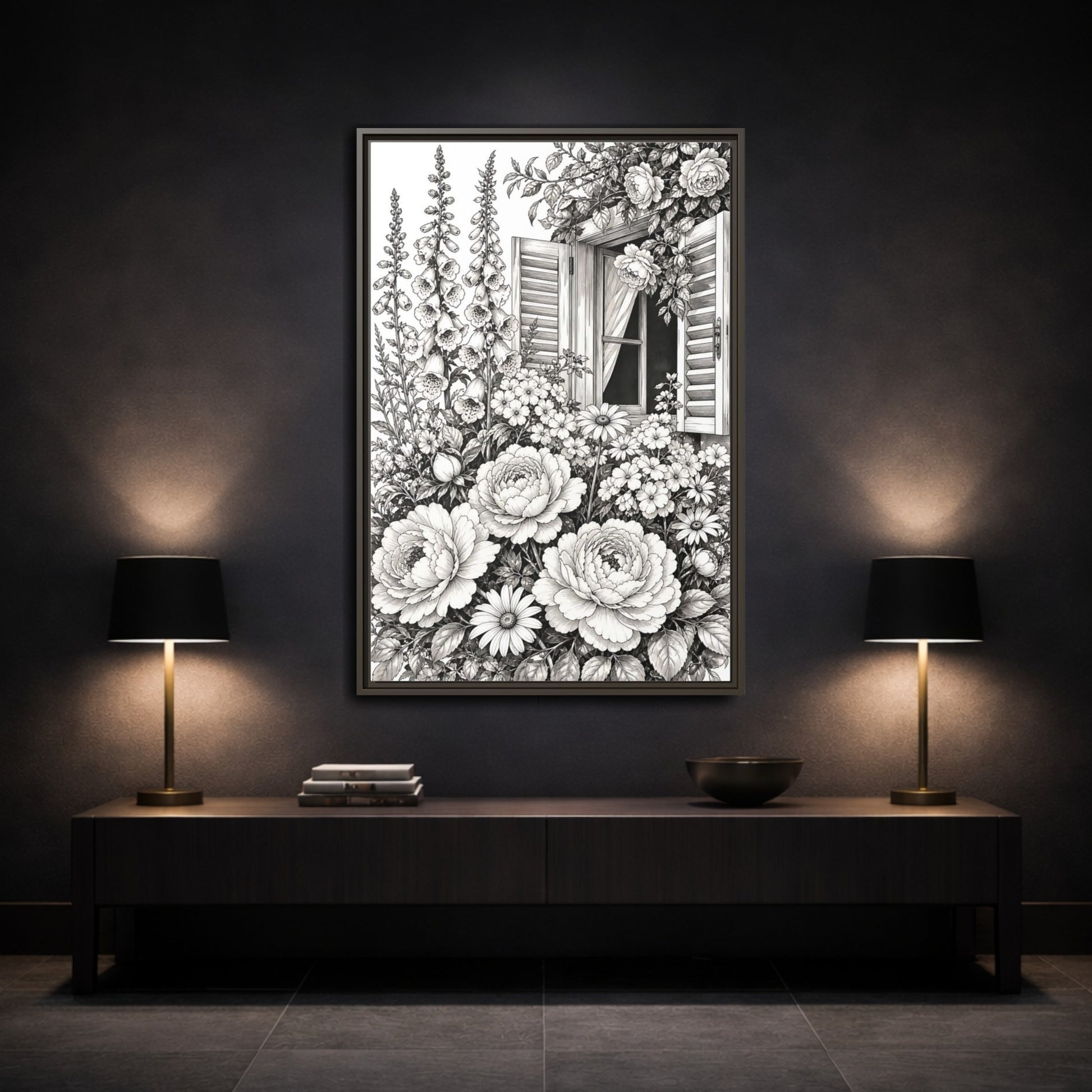 Mockup 3. Floral Garden Flowers Monochrome Floral Window shown as framed canvas print
