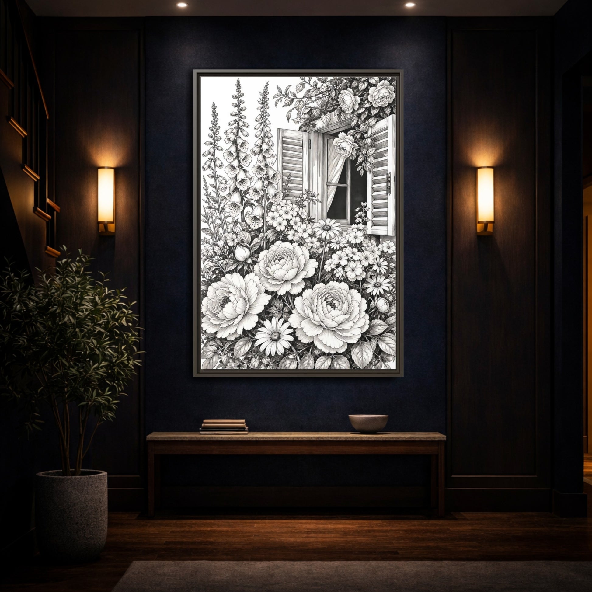 Mockup 4. Floral Garden Flowers Monochrome Floral Window shown as framed canvas print
