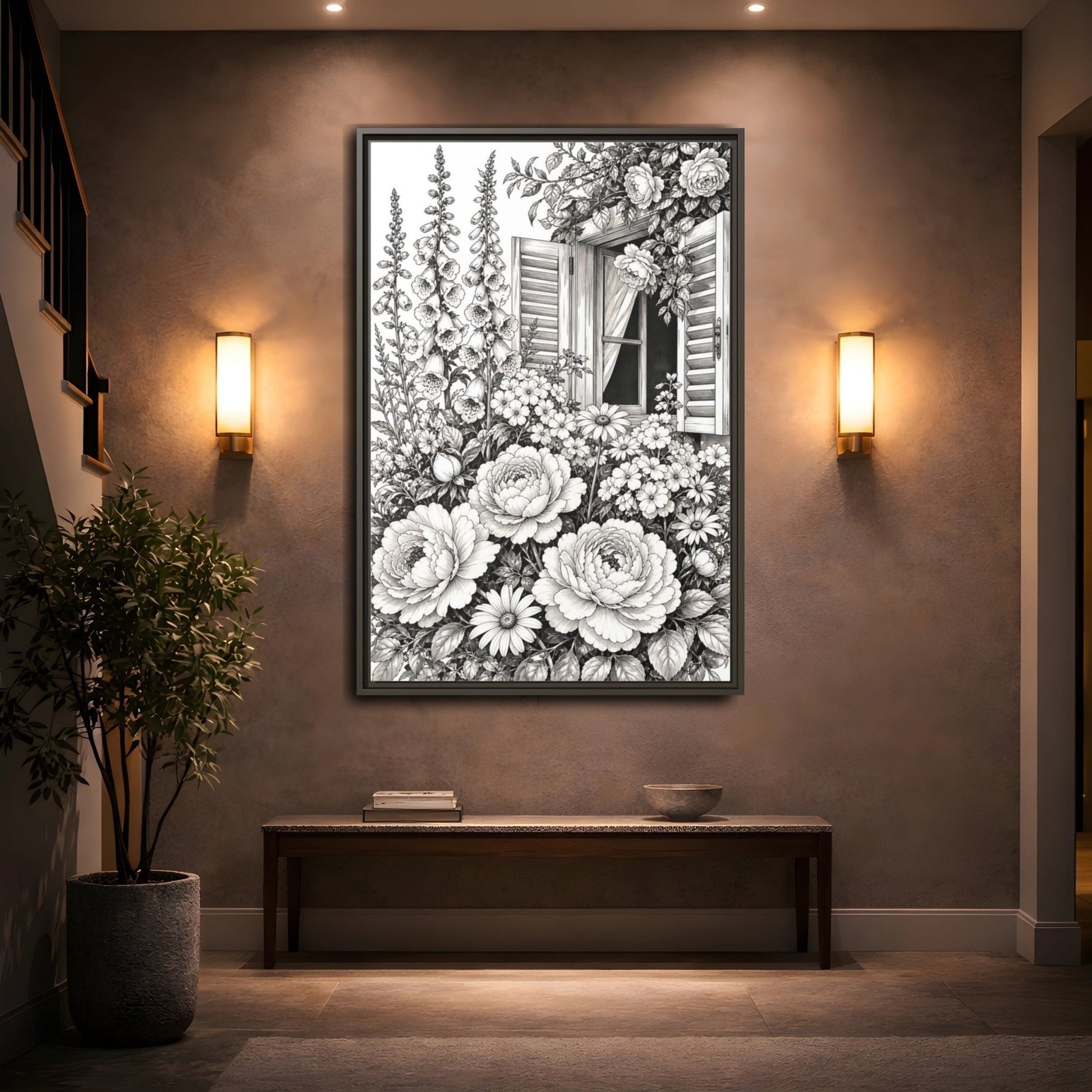 Floral Garden Flowers Monochrome Window Framed Canvas Print Wall Art – Living Room Decor, Above Console Table - YesArtYes