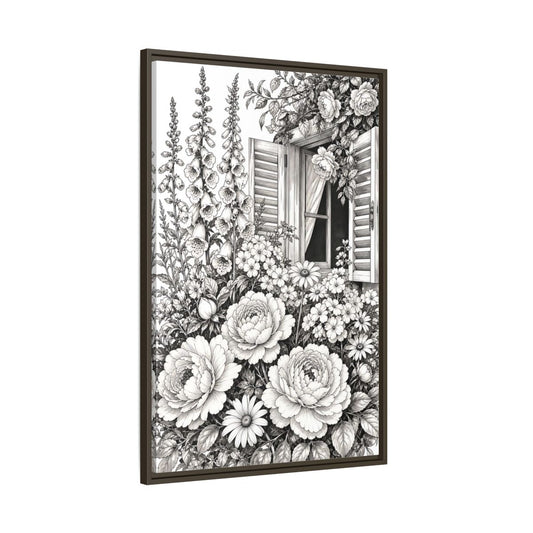 Floral Garden Flowers Monochrome Window Framed Canvas Print Wall Art – Living Room Decor, Above Console Table - YesArtYes
