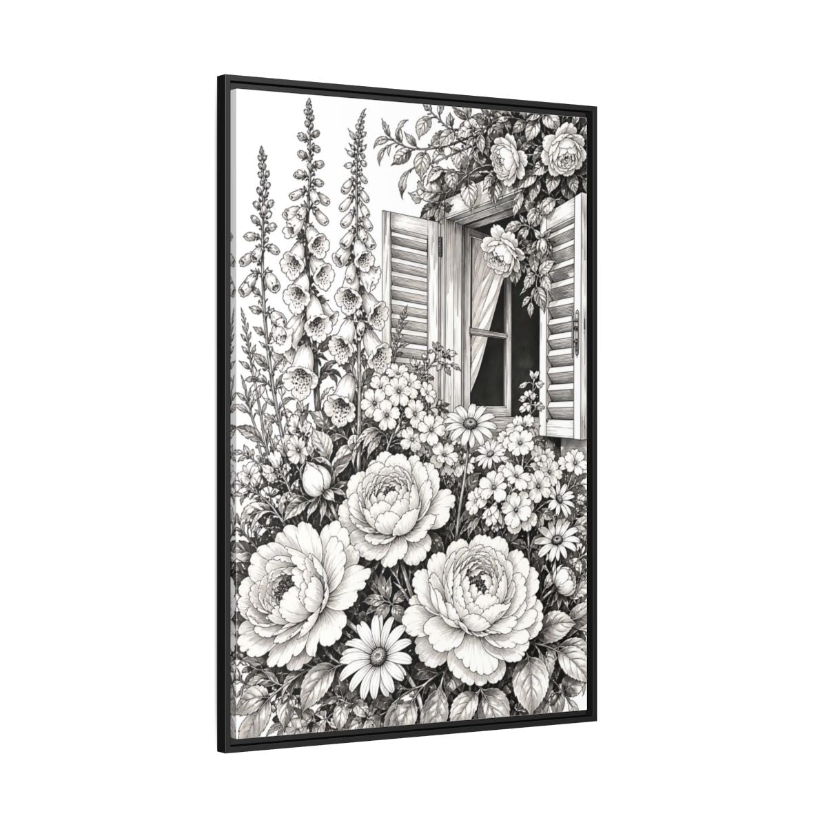 Floral Garden Flowers Monochrome Window Framed Canvas Print Wall Art – Living Room Decor, Above Console Table - YesArtYes