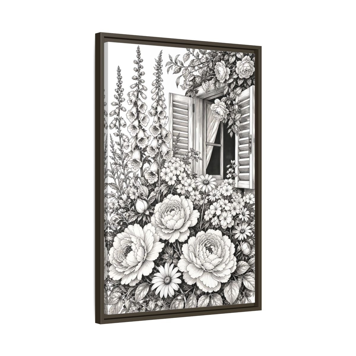 Side Mockup 11. Floral Garden Flowers Monochrome Floral Window shown as framed canvas print