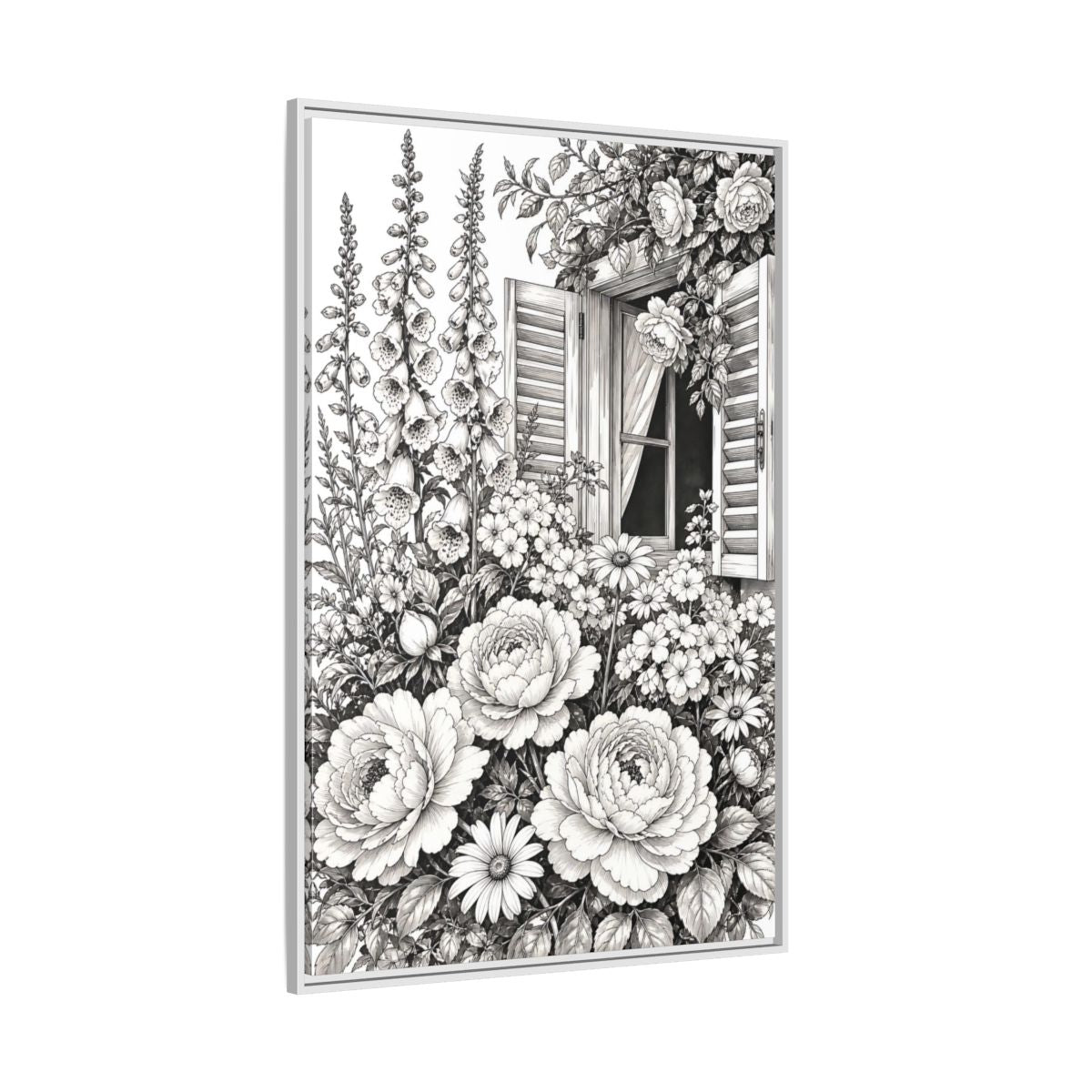 Side Mockup 7. Floral Garden Flowers Monochrome Floral Window shown as framed canvas print