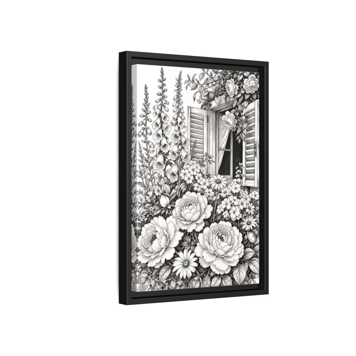 Side Mockup 6. Floral Garden Flowers Monochrome Floral Window shown as framed canvas print