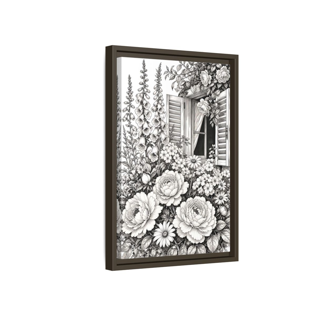 Side Mockup 5. Floral Garden Flowers Monochrome Floral Window shown as framed canvas print