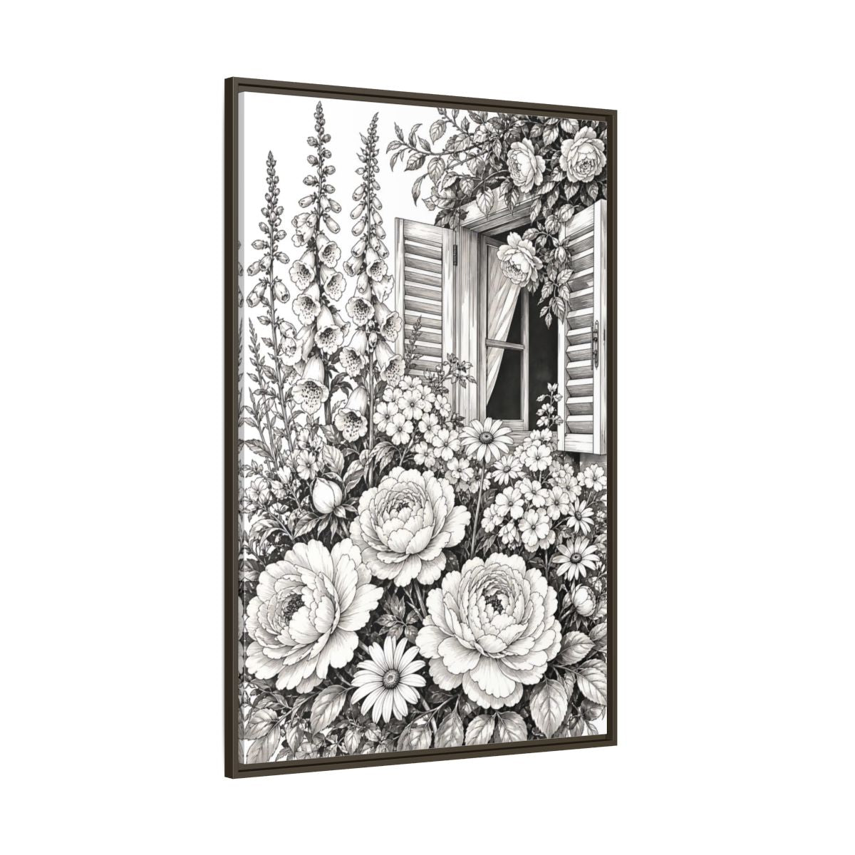 Side Mockup 8. Floral Garden Flowers Monochrome Floral Window shown as framed canvas print