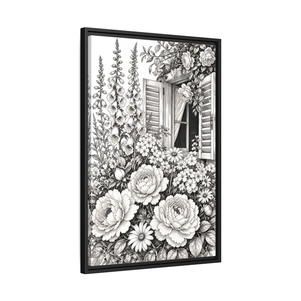 Side Mockup 14. Floral Garden Flowers Monochrome Floral Window shown as framed canvas print