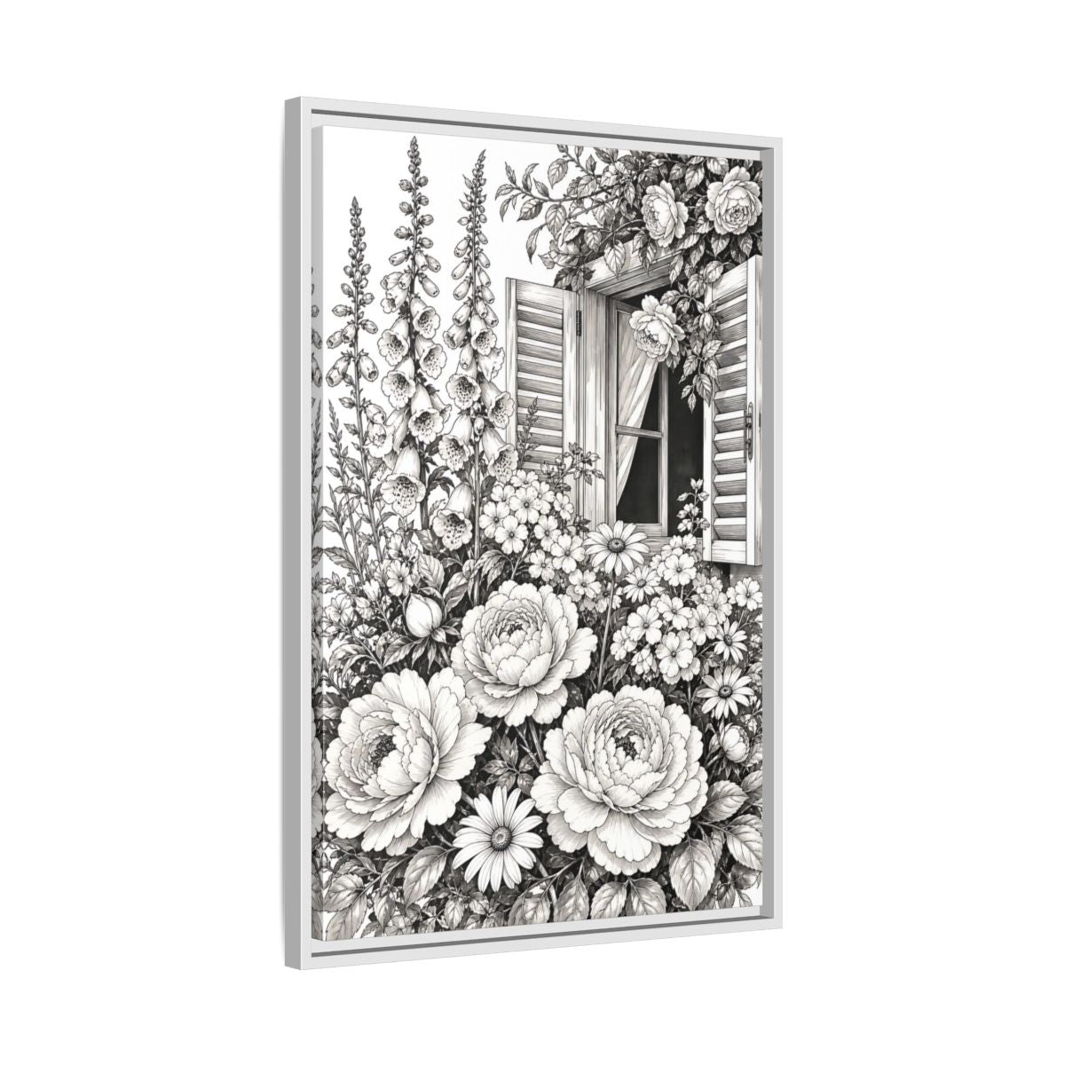Side Mockup 10. Floral Garden Flowers Monochrome Floral Window shown as framed canvas print