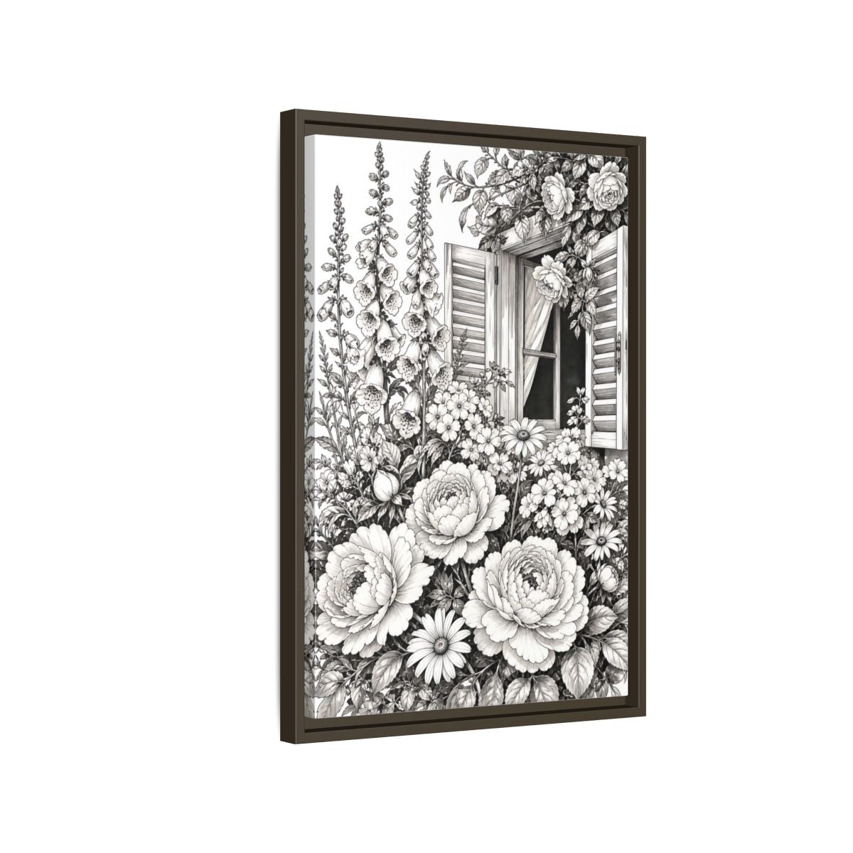 Side Mockup 2. Floral Garden Flowers Monochrome Floral Window shown as framed canvas print
