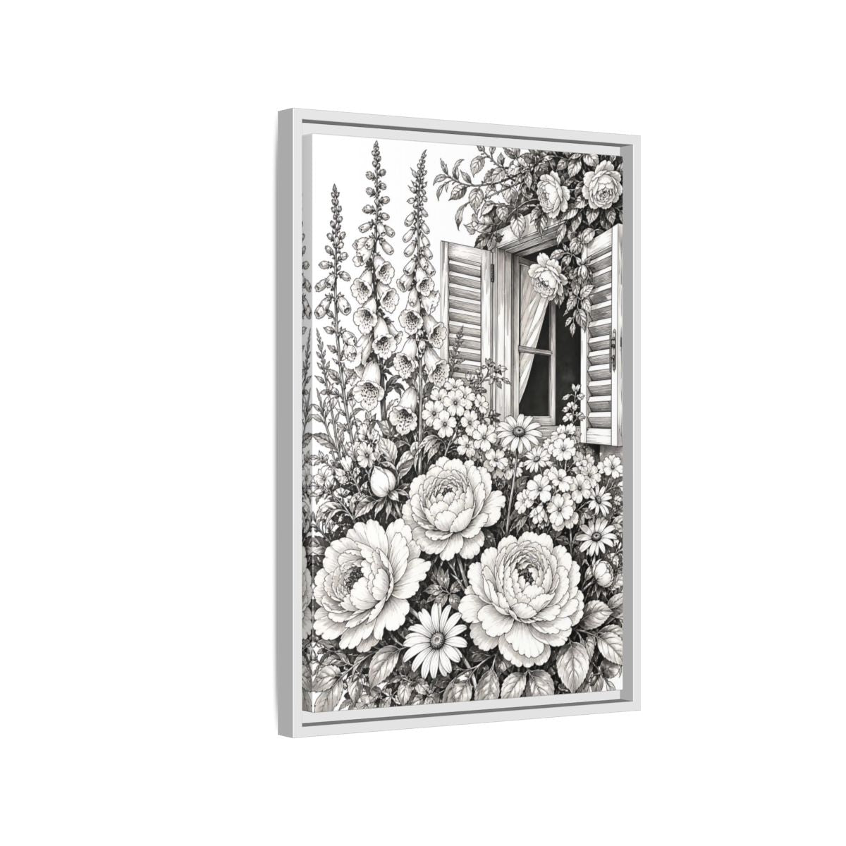 Side Mockup 1. Floral Garden Flowers Monochrome Floral Window shown as framed canvas print