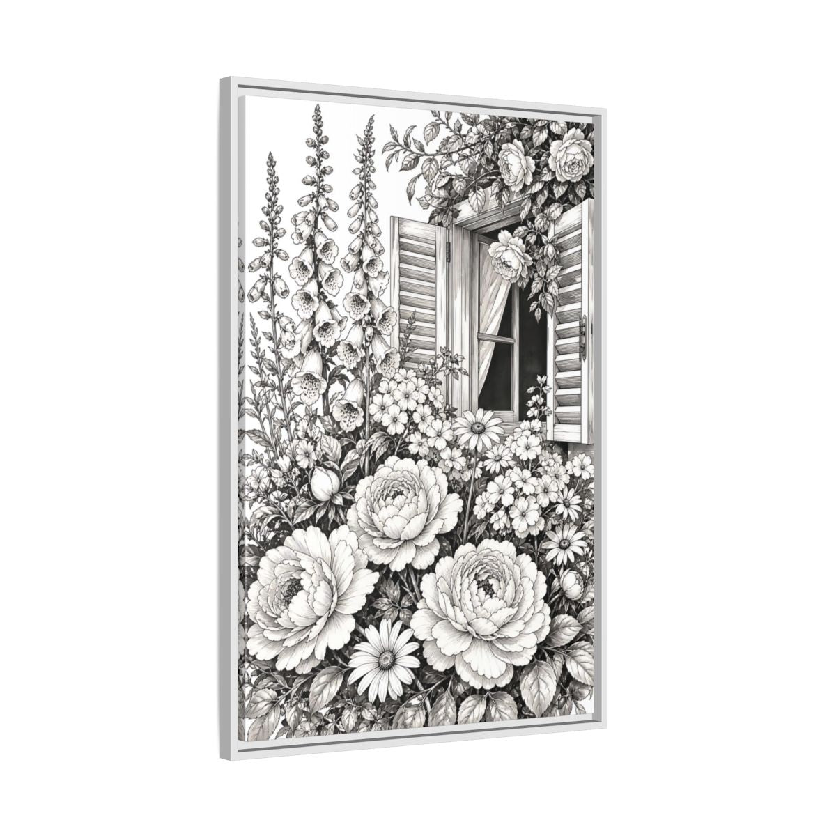 Side Mockup 9. Floral Garden Flowers Monochrome Floral Window shown as framed canvas print