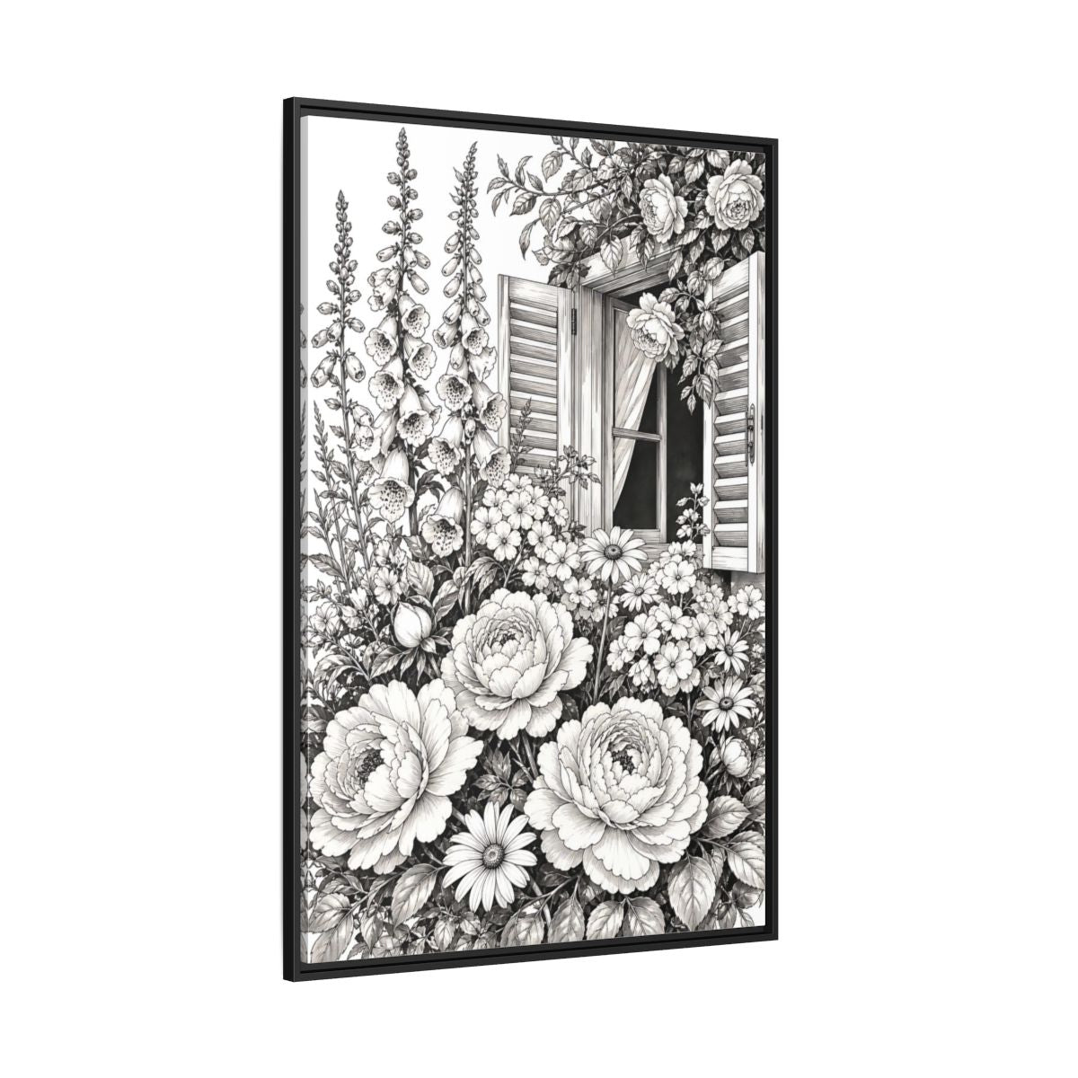Side Mockup 12. Floral Garden Flowers Monochrome Floral Window shown as framed canvas print