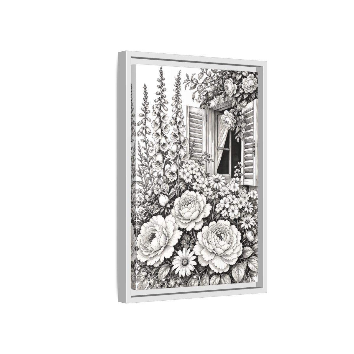 Side Mockup 4. Floral Garden Flowers Monochrome Floral Window shown as framed canvas print