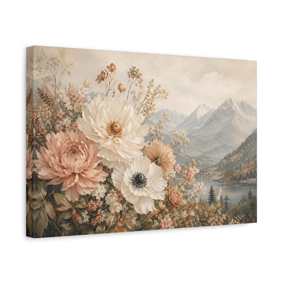 Side Mockup 4. Floral Garden Flowers Pastel Floral shown as stretched canvas wall art