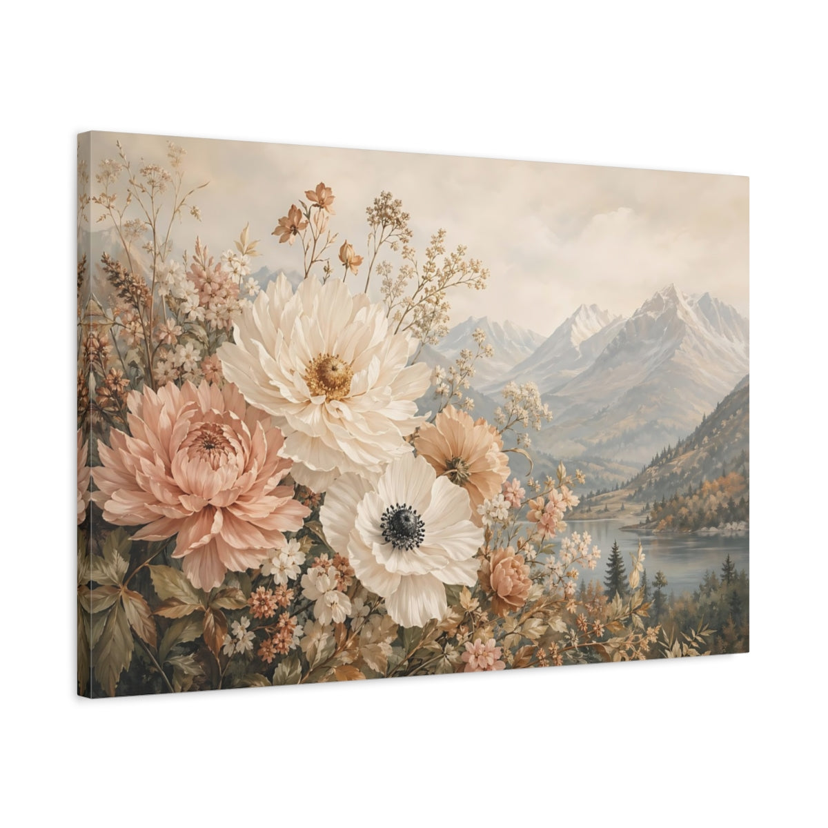 Side Mockup 2. Floral Garden Flowers Pastel Floral shown as stretched canvas wall art